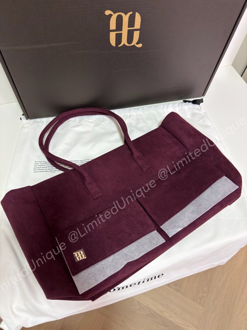 [Price Dropped] Sometimes Suede Tote Bag (Large) (Category: Tote Bags) located in Semenyih. Submitted by limitedunique (Listing ID 1446960333, Image 2). Description: - Burgundy suede tote bag from Sometimes - Two front pockets - Spacious main compartment - Comes with original dust bag and box - Ideal for travel or daily use - Chic minimalist design.