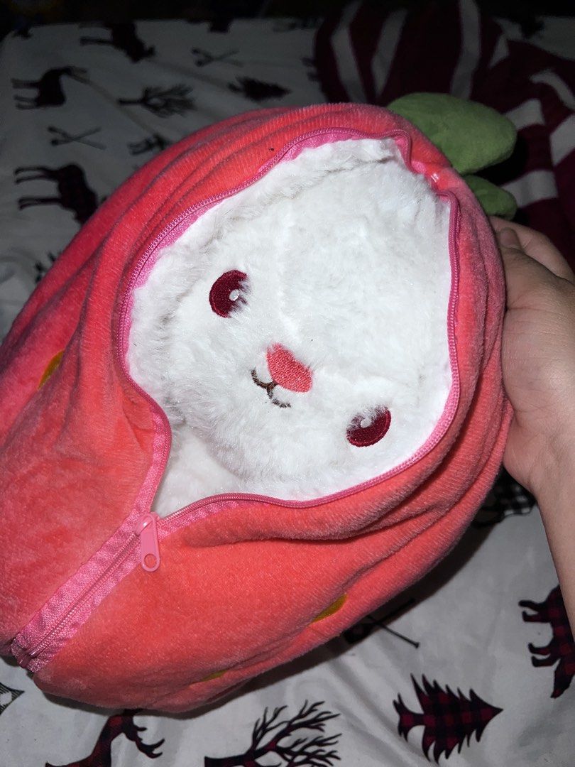 Strawberry Bunny Plushie (WITH zipper) (Category: Plushies & Soft Toys) located in Quezon City. Submitted by unjca (Listing ID 1447085694, Image 3). Description: NO issue/s (see pics for proof) RFS: Decluttering This was famous to gift at some point. Zipper works fine. It is a medium to big sized plushie: Height: 12 inches / 30 cm Width: 8 inches / 20 cm.