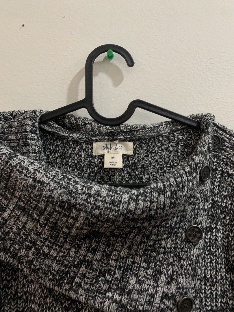 Style & Co. Women's Grey Marled Knit Sweater Size M (Category: Longsleeves) located in Manila. Submitted by gracefilledshop (Listing ID 1446983607, Image 2). Description: - Grey marled knit sweater by Style & Co. - Chic cowl neck with button details on the shoulder - Long sleeves - Material: 100% Acrylic - Care: Machine washable - Versatile: Great for layering or wearing solo.
