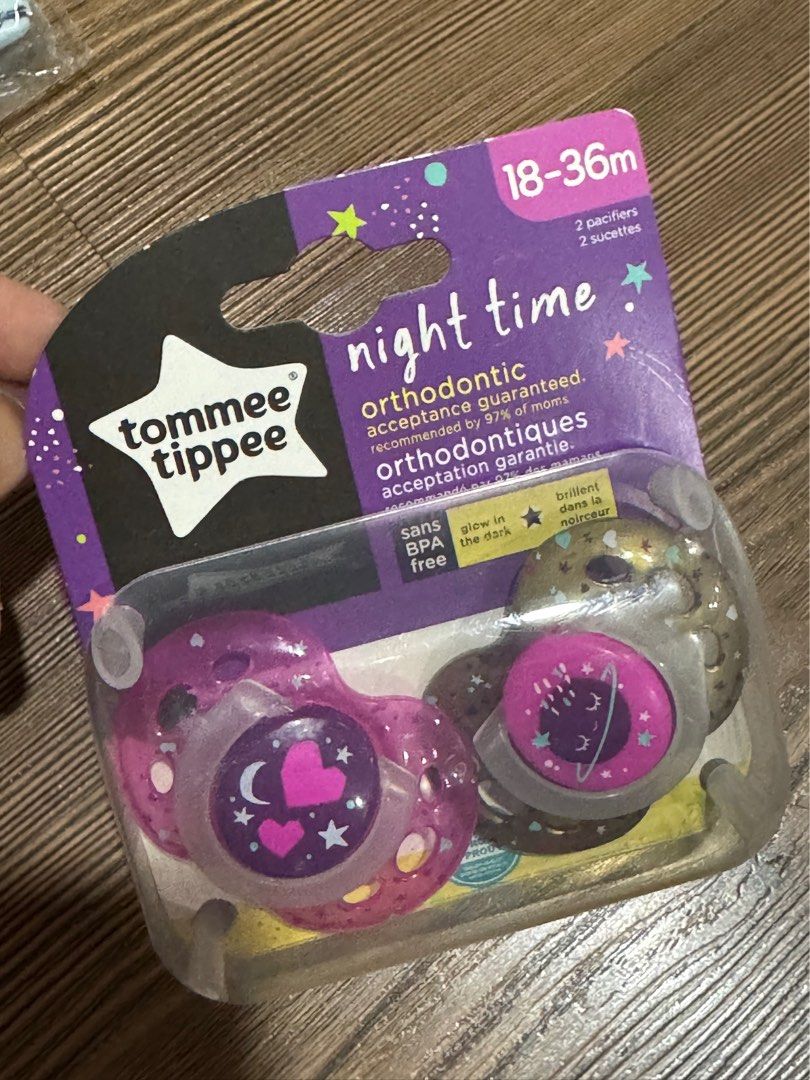 Tommee Tippee Night Time Orthodontic Pacifiers 18-36m (Category: Soothers & Pacifiers) located in Quezon City. Submitted by shop.beanie (Listing ID 1446939333, Image 1). Description: - Tommee Tippee Nighttime Pacifiers (2-pack) - Glows in the dark for easy nighttime finding - BPA-free for your baby's safety - Suitable for babies aged 18-36 months - Helps soothe your little one during the night.