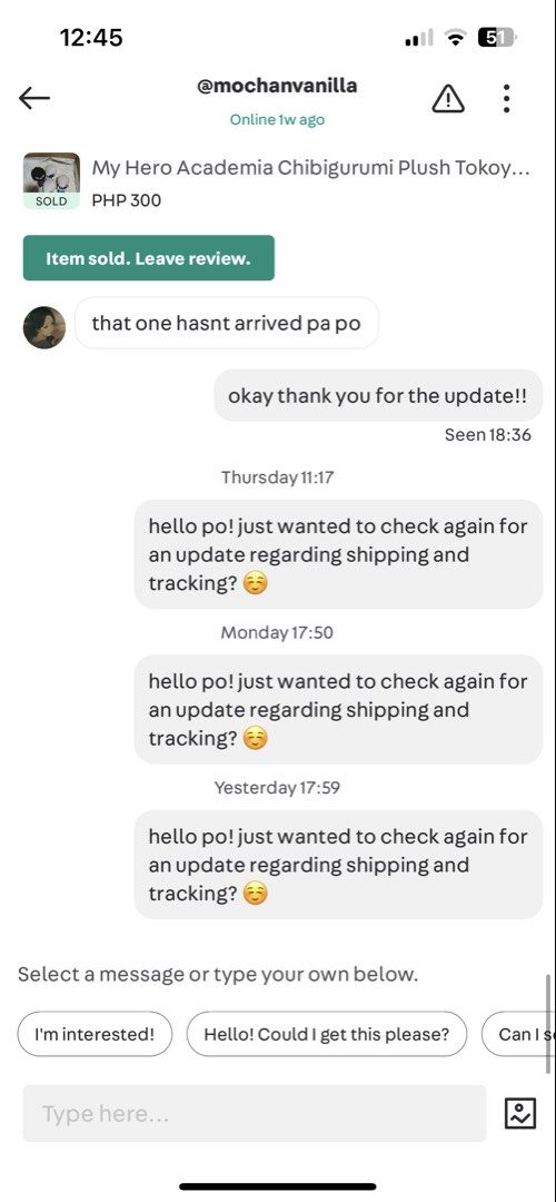 Warning ⚠️ (Category: Announcements) located in Muntinlupa City. Submitted by centralintel8 (Listing ID 1447038978, Image 3). Description: paid for an MHA Shoji plush on 6/4. it is now 7/1. haven’t received any further updates regarding shipping in over a week, after repeated promises, and now this shop appears to be inactive. reached out also via the gcash number i sent payment to, but have not received a reply. calls i made to that number are l