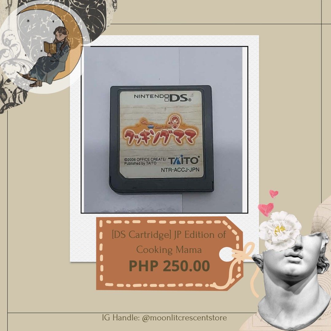 [2DS - JP] Cooking Mama (No case) (Category: Nintendo) located in Manila. Submitted by moonlitcrescentstore (Listing ID 1448874134, Image 1). Description: Note: You may DM me for more pics. If you buy more items, I can give you a discount. MOP + MOD ✅️ Main Option 1 = E-Wallet Payment - Gcash, maya, vybe (Payment First Policy) then SF is shouldered by the buyer ✅ Main Option 2 = LBC COP (LBC Cash on pickup) Alternatives: ✔Option I. Payment First 