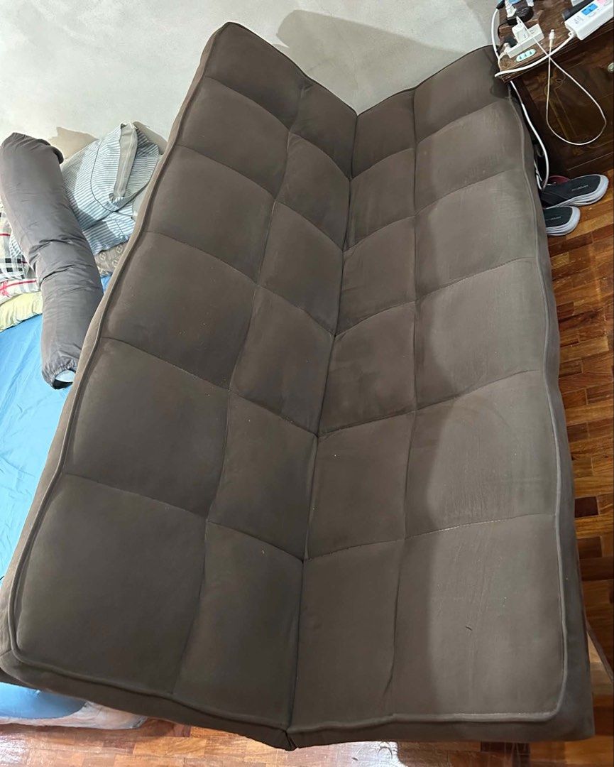 Adjustable Folding brown Sofa Bed 3 in 1 (Category: Sofas) located in Manila. Submitted by Mike_MJ (Listing ID 1448749158, Image 2). Description: Location: Paco, Manila Can send more pictures (Made in Malaysia) ‼️Negotiable Can pick up or shipping via online apps Can fit 3-5 people sitting.