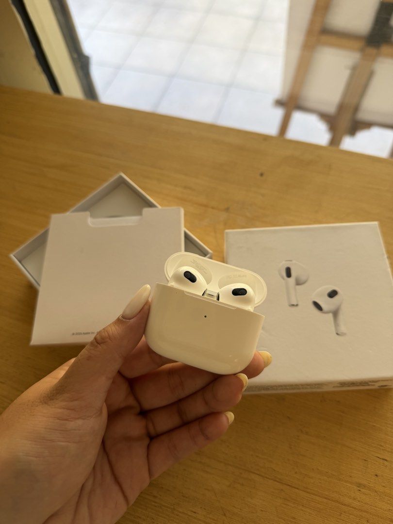 AIRPODS GEN 3 (Category: Earphones) located in Manila. Submitted by kimmngrn (Listing ID 1448813874, Image 1). Description: Opened once but never used, gift lang kasama iphone Negotiable for sure buyer RFS: Need funds Loc: Marilao/San Mateo/Caloocan.