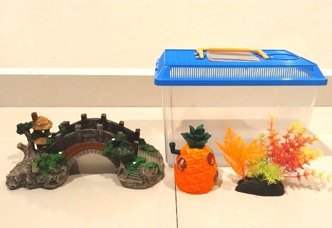 Aquarium Decorations: Bridge, Pineapple House, Plants, Plastic Tank (Category: Homes & Other Pet Accessories) located in Miri. Submitted by bluelane (Listing ID 1448694053, Image 1). Description: - Fun aquarium decoration set - Includes Spongebob pineapple house - Stone bridge is too big to fit inside the plastic tank. you may use it for larger tanks - Colorful artificial plants - Comes with a clear plastic tank and blue lid 10" x 7" x 7" height 