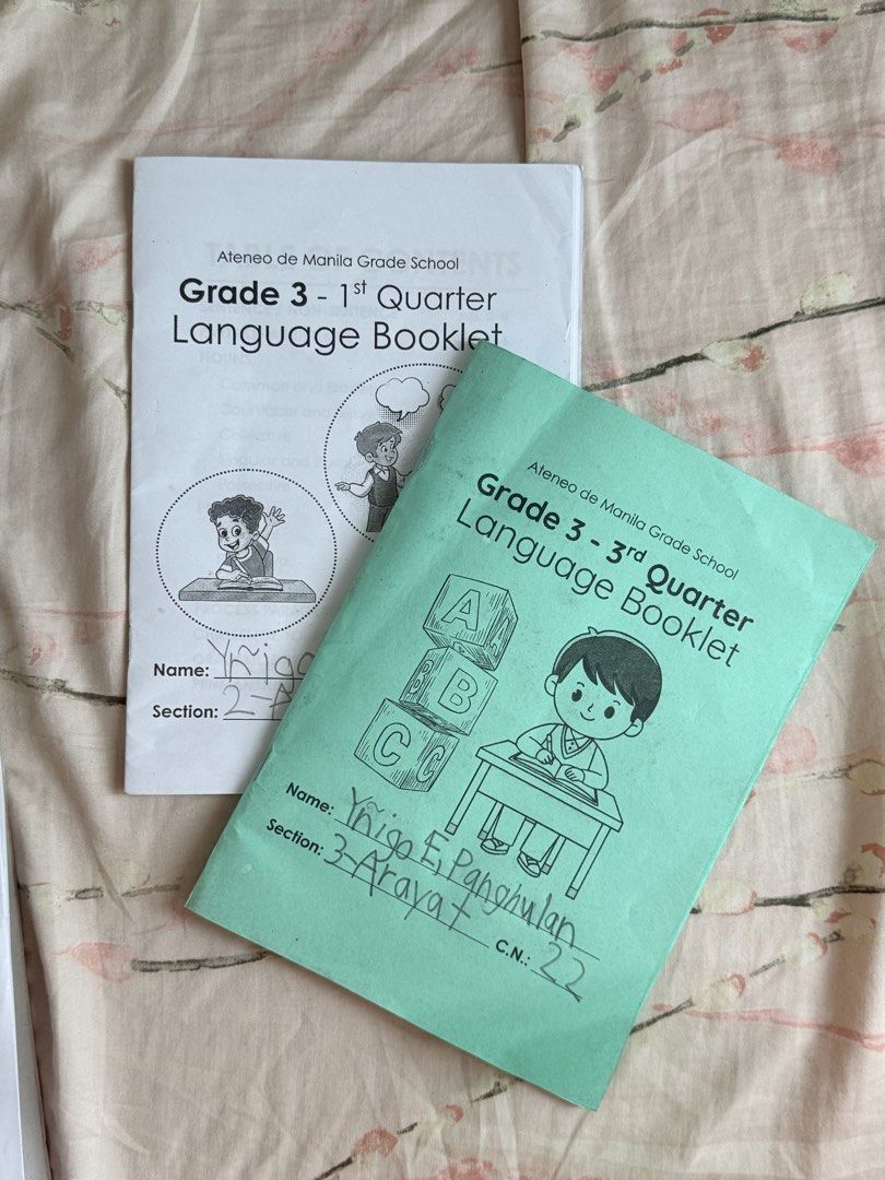 Ateneo Grade 3 Test Papers & Learnin g Materials (Category: Textbooks) located in Manila. Submitted by tonieesto34469 (Listing ID 1448730287, Image 3). Description: - Ateneo Grade 3 Learning Materials Bundle - Includes: - 1st, 3rd, and 4th Quarter Language Booklets - Music Writing Book - Various Math Worksheets - Dewey Decimal System Worksheets - Note: Some writing and markings are present. - Ideal for review and practice..