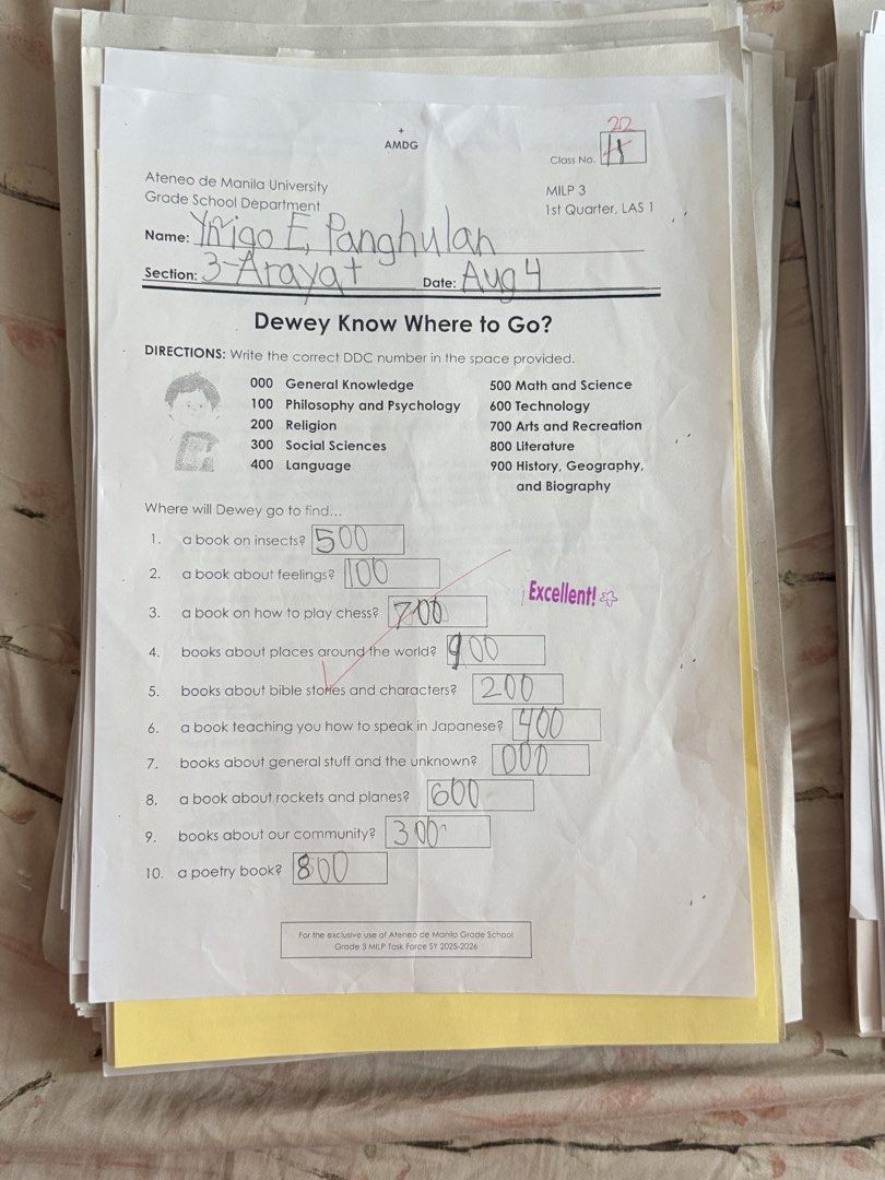 Ateneo Grade 3 Test Papers & Learnin g Materials (Category: Textbooks) located in Manila. Submitted by tonieesto34469 (Listing ID 1448730287, Image 1). Description: - Ateneo Grade 3 Learning Materials Bundle - Includes: - 1st, 3rd, and 4th Quarter Language Booklets - Music Writing Book - Various Math Worksheets - Dewey Decimal System Worksheets - Note: Some writing and markings are present. - Ideal for review and practice..