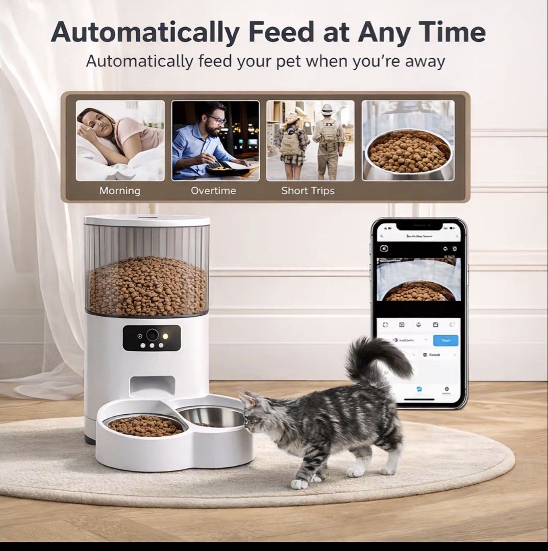 Automatic Pet Feeder 5L WiFi+Video MODEL (Category: Homes & Other Pet Accessories) located in Bacoor. Submitted by cathshoppit (Listing ID 1448890960, Image 2). Description: Automatic pet feeder with 5L capacity. Connects via WiFi and has HD video. You can feed your pet remotely. Great for when you're away for work or short trips. Has backup battery option for power outages. Easy to use and set up. NEVER BEEN USED.