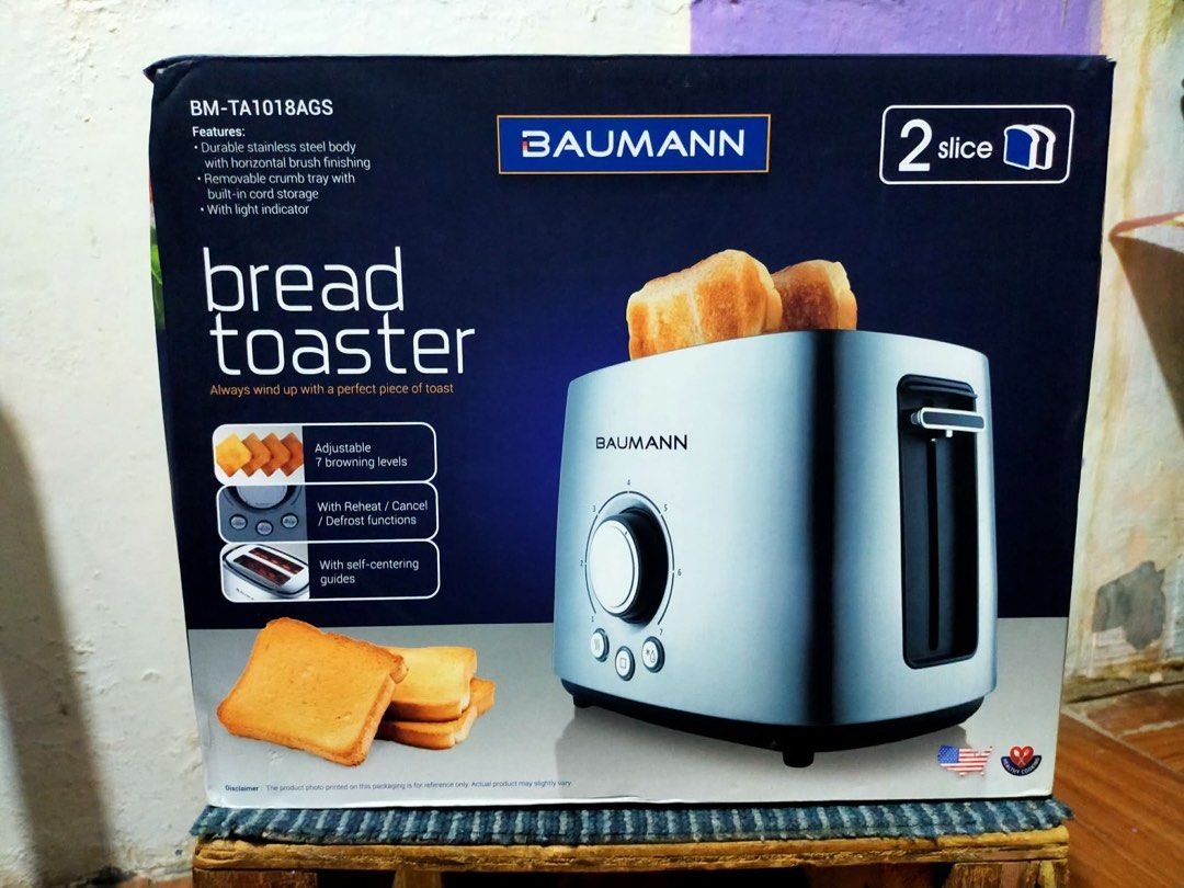 BAUMANN 2 Slice Bread Toaster BM-TA1018AGS Stainless Steel (Category: Ovens & Toasters) located in Bacoor. Submitted by swiftstar.b99627 (Listing ID 1448752759, Image 1). Description: - Baumann 2-slice bread toaster - Durable stainless steel body with horizontal brush finish - Adjustable browning levels (1-7) - Functions: Reheat, Cancel, Defrost - Removable crumb tray for easy cleaning - Light indicator and self-centering guides - Perfect additio