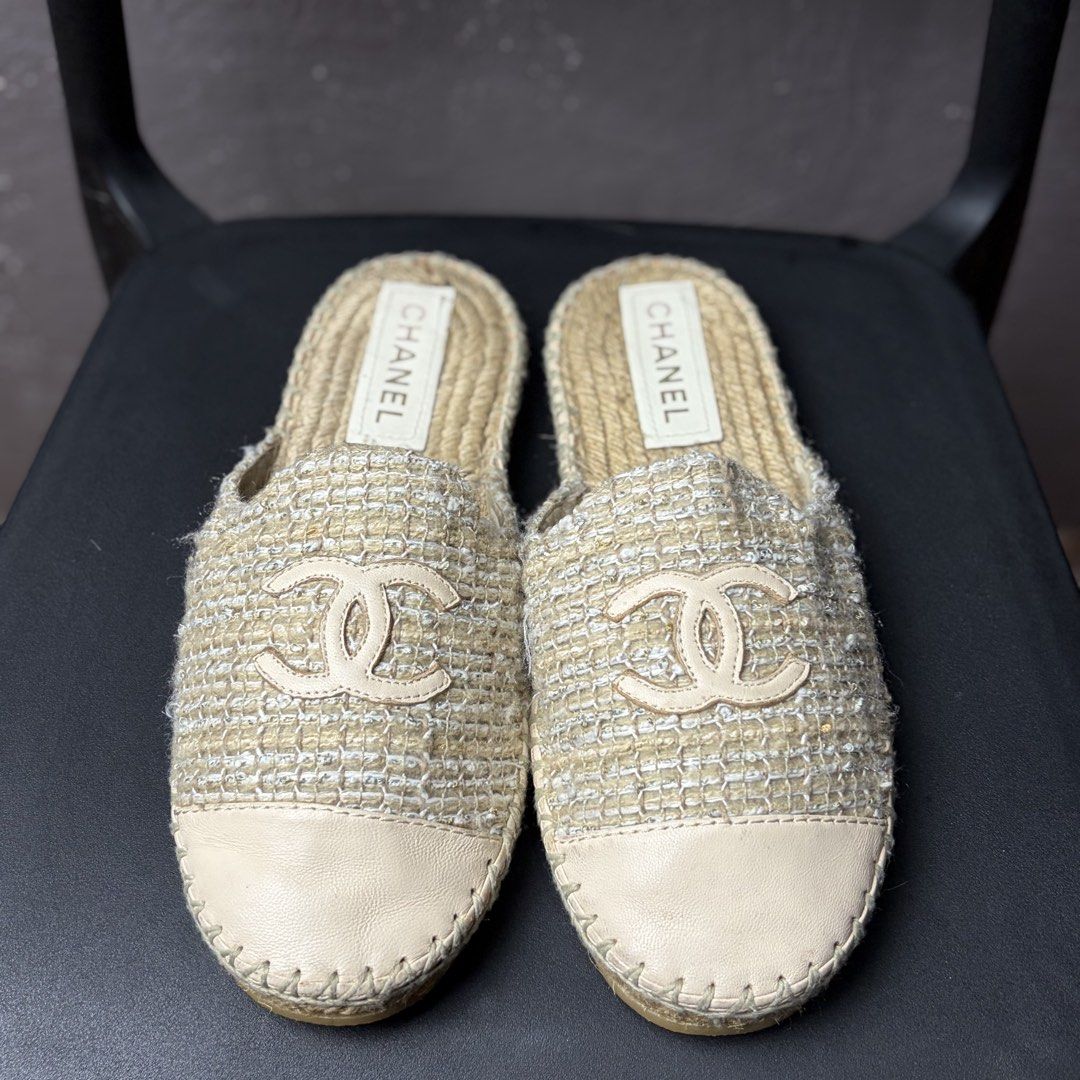 Chanel Espadrille Mule Slip on Flats (Category: Sneakers & Footwear) located in Manila. Submitted by yourtherapist_ (Listing ID 1448746425, Image 3). Description: Chanel Espadrille Mule Slip on Flats Size 39 womens No flaws No inclusions Like new Authentic Slip-on mule flats with a traditional jute-wrapped sole Tweed with leather detailing on the cap toe and logo 6,000.
