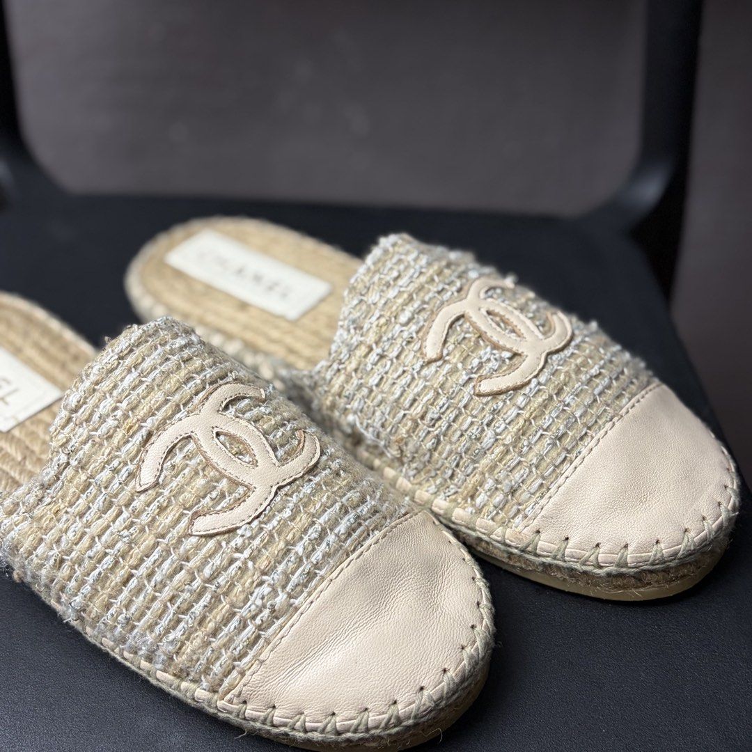 Chanel Espadrille Mule Slip on Flats (Category: Sneakers & Footwear) located in Manila. Submitted by yourtherapist_ (Listing ID 1448746425, Image 2). Description: Chanel Espadrille Mule Slip on Flats Size 39 womens No flaws No inclusions Like new Authentic Slip-on mule flats with a traditional jute-wrapped sole Tweed with leather detailing on the cap toe and logo 6,000.