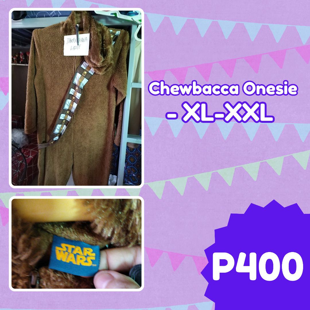 Chewbacca Star Wars onesie (Category: Everything Else Others) located in Calamba. Submitted by yumiyowww (Listing ID 1448721877, Image 1). Description: - Officially licensed Star Wars Chewbacca onesie - Color: Brown - Design: Features Chewbacca's signature bandolier - Material: Soft and fuzzy for ultimate comfort - Size: XL-XXL - Perfect for lounging, costumes, or fan events.