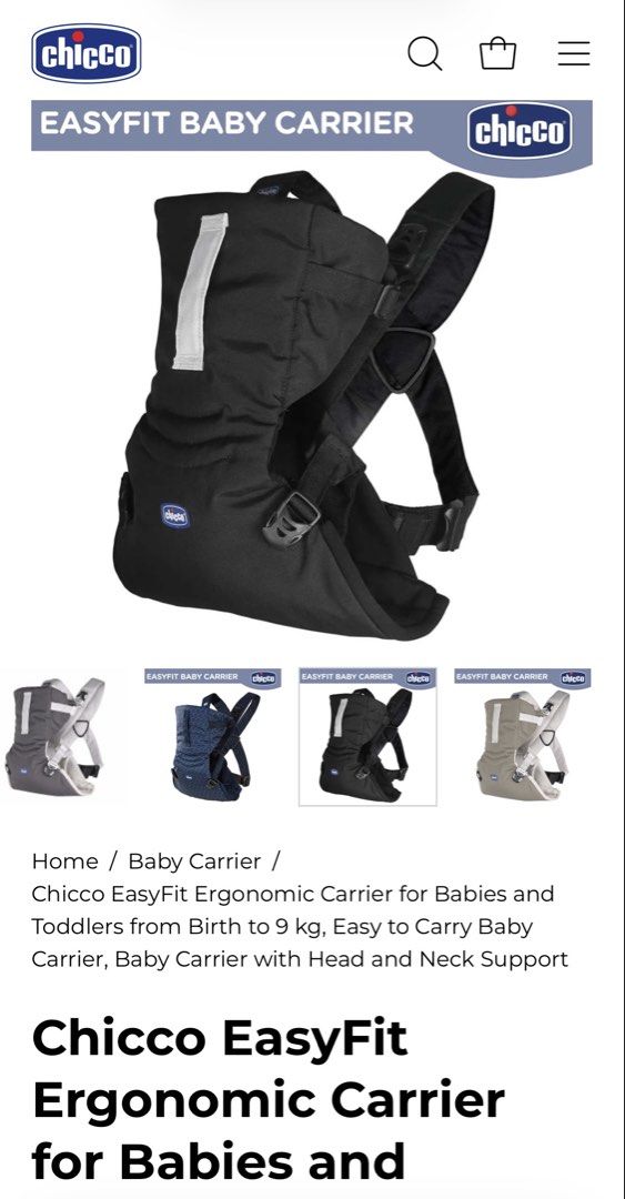 Chicco EasyFit Ergonomic Baby Carrier (Category: Carriers & Slings) located in Taguig. Submitted by PF910 (Listing ID 1448852413, Image 1). Description: - RFS: already have a carrier. Got this as a freebie from SLMC - Never used - Brand new price is P2,200 - Chicco EasyFit ergonomic baby carrier - Suitable for babies and toddlers from birth up to 9 kg - Offers essential head and neck support - Designed for easy carrying and use - Perfect for keep