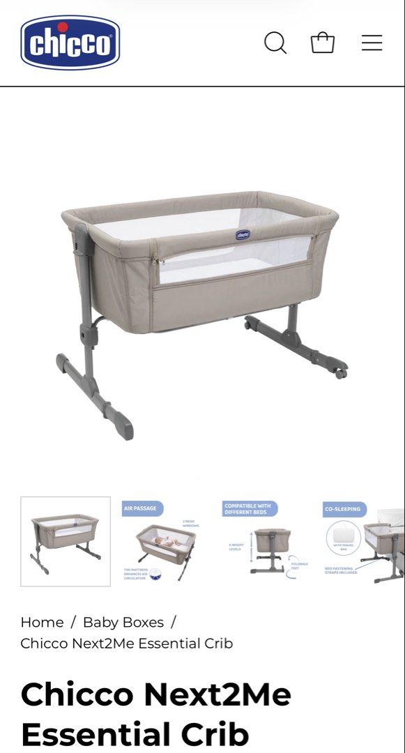 Chicco Next2Me Essential Crib (Category: Cots & Cribs) located in Taguig. Submitted by PF910 (Listing ID 1448851383, Image 1). Description: * RFS: baby has outgrown this * Got this as a freebie from SLMC * Includes mattress & travel bag - Chicco Next2Me Essential Crib for safe co-sleeping - Features air passage with breathable mesh windows - Compatible with various bed types - Adjustable height levels for convenience - Foldable feet for easy stor