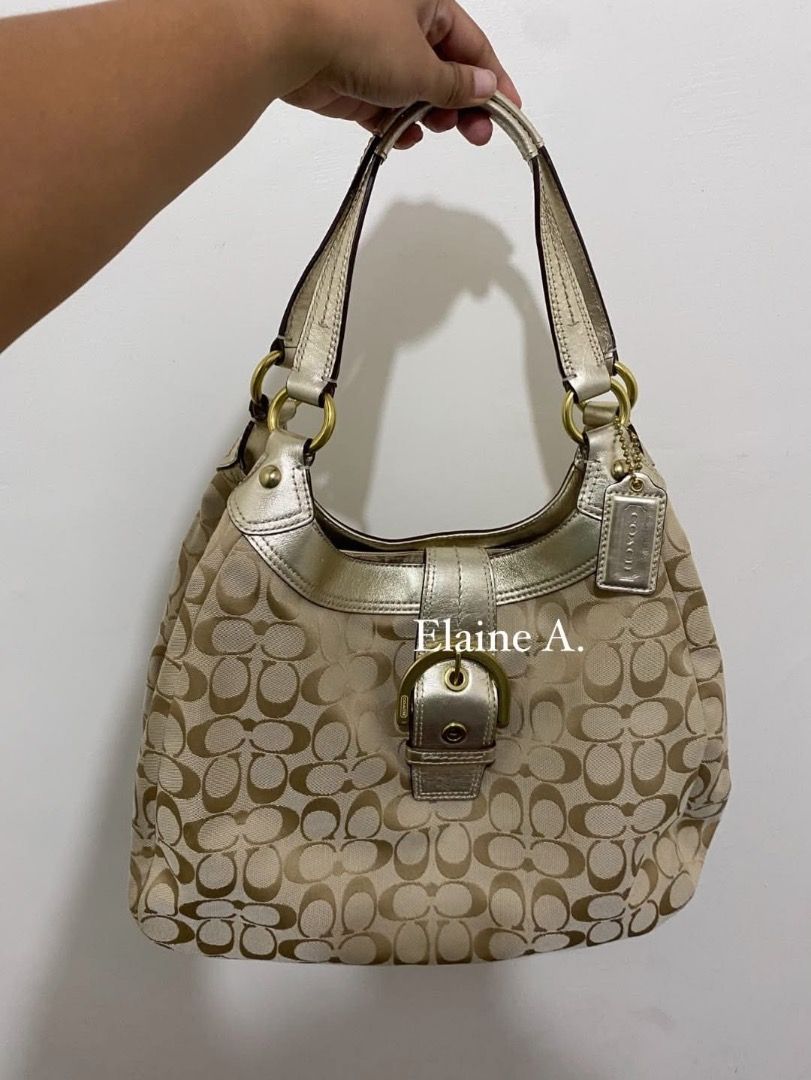 Coach Monogram Hobo Bag Gold Accents (Category: Luxury Bags & Wallets) located in Paete. Submitted by ladder_leynn (Listing ID 1448792437, Image 1). Description: - Classic Coach hobo bag - Signature beige and brown monogram pattern - Gold hardware details (buckle, strap rings) - Comfortable shoulder strap drop - Ideal for everyday essentials - Authenticity tag included -negotiable -no issue/ as in like new.