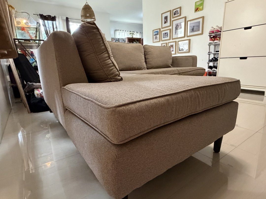 Mandaue Foam L-Shaped Sofa | Beige | Good Condition (Category: Sofas) located in Manila. Submitted by tsdivinagracia (Listing ID 1448818917, Image 2). Description: Mandaue Foam L-Shaped Sofa | Beige | Good Condition 💰 ₱15,000 Selling our Mandaue Foam L-shaped sofa in good condition. ✨ Features: * 4 years old * Clean and well-maintained * Comfortable and sturdy * Neutral beige fabric that matches most home interiors * No major stains, tears, or s