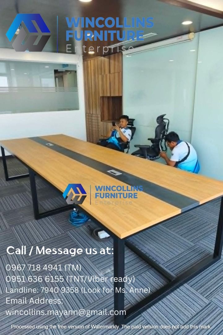 Conference Table / Meeting Office Table / Boardroom Table (Category: Tables & Sets) located in Quezon City. Submitted by wincocami_ (Listing ID 1448741395, Image 1). Description: Conference Table Rectangular Shape laminates Metal frame with 2pcs wire management box central black lining powder-coated metal legs Custom color, size and layout design.