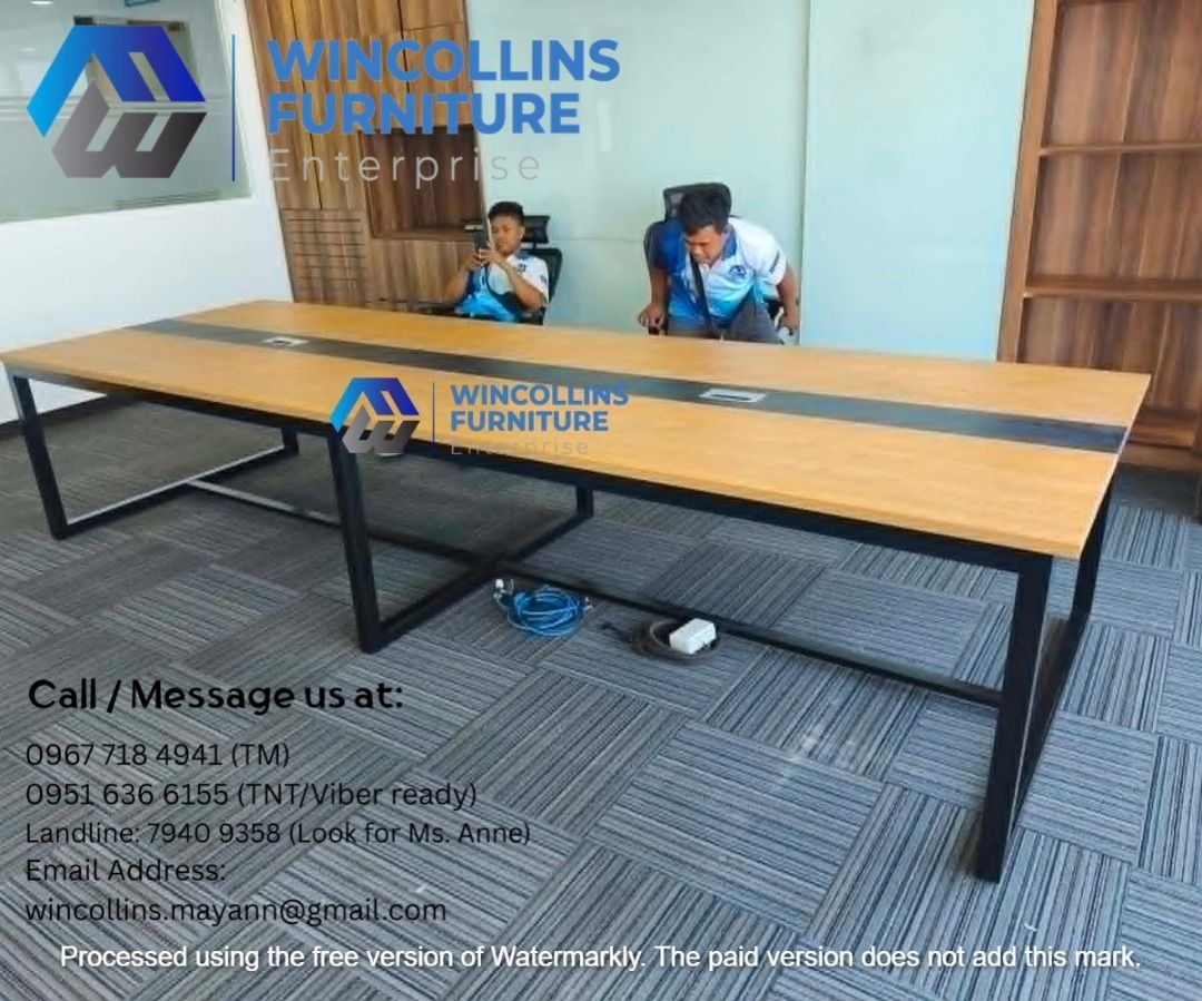 Conference Table / Meeting Office Table / Boardroom Table (Category: Tables & Sets) located in Quezon City. Submitted by wincocami_ (Listing ID 1448741395, Image 2). Description: Conference Table Rectangular Shape laminates Metal frame with 2pcs wire management box central black lining powder-coated metal legs Custom color, size and layout design.