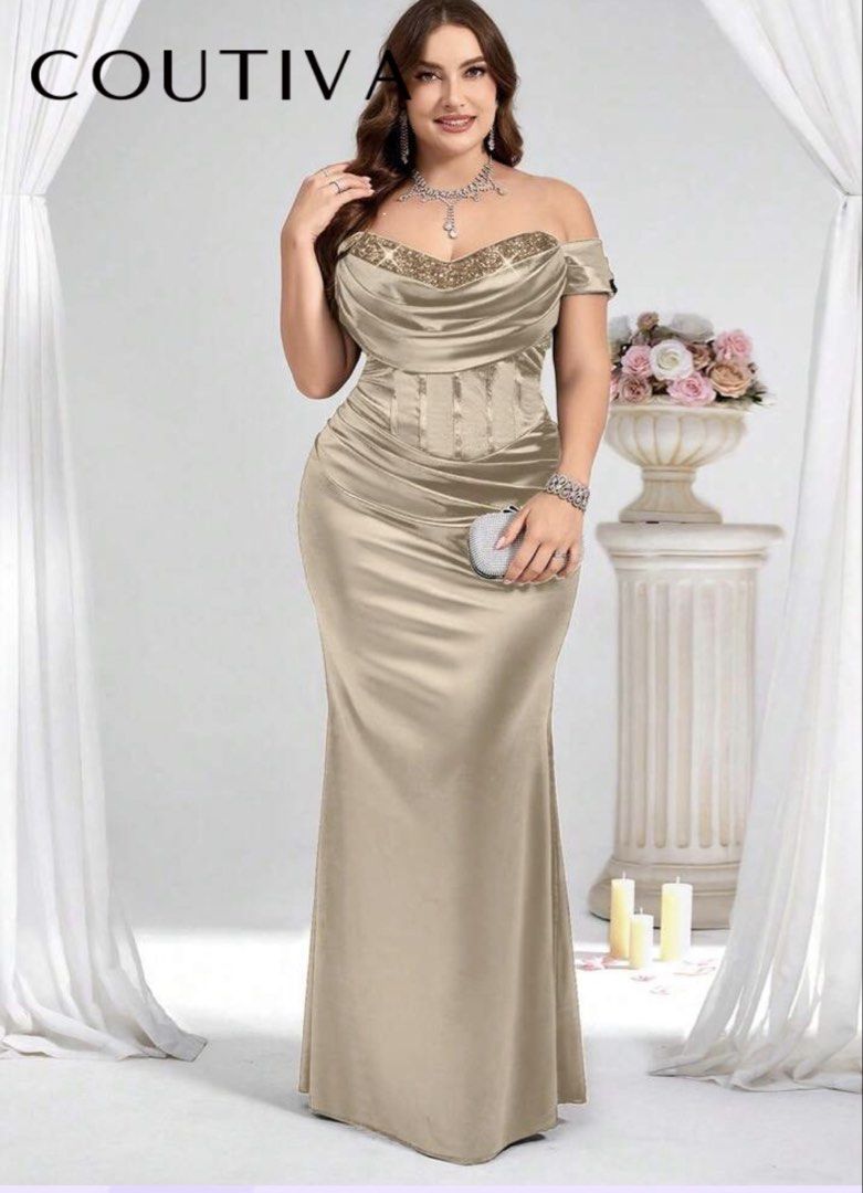 COUTIV A Champagne Off-Shoulder Evening Gown (Category: Evening dresses & gowns) located in Iloilo. Submitted by warmcat_6e39ee (Listing ID 1448751155, Image 1). Description: - Champagne colored evening gown - Off-shoulder design - Beaded neckline - Corset-style waist detail - Floor length with a slight train - Perfect for formal events or weddings.