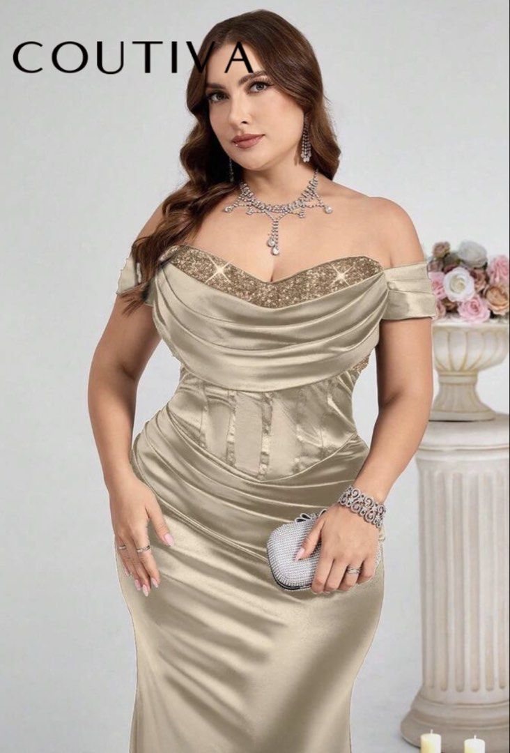 COUTIV A Champagne Off-Shoulder Evening Gown (Category: Evening dresses & gowns) located in Iloilo. Submitted by warmcat_6e39ee (Listing ID 1448751155, Image 2). Description: - Champagne colored evening gown - Off-shoulder design - Beaded neckline - Corset-style waist detail - Floor length with a slight train - Perfect for formal events or weddings.