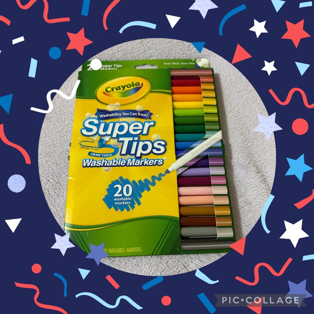 Crayola Super Tips Washable Markers - 20 Colors (Category: Craft Supplies & Tools) located in Batangas. Submitted by pixie_clearance (Listing ID 1448810473, Image 1). Description: - Set of 20 Crayola Super Tips markers - Ideal for drawing thick lines - Washable ink for easy cleanup - Perfect for art projects and everyday coloring - Includes a variety of vibrant colors.
