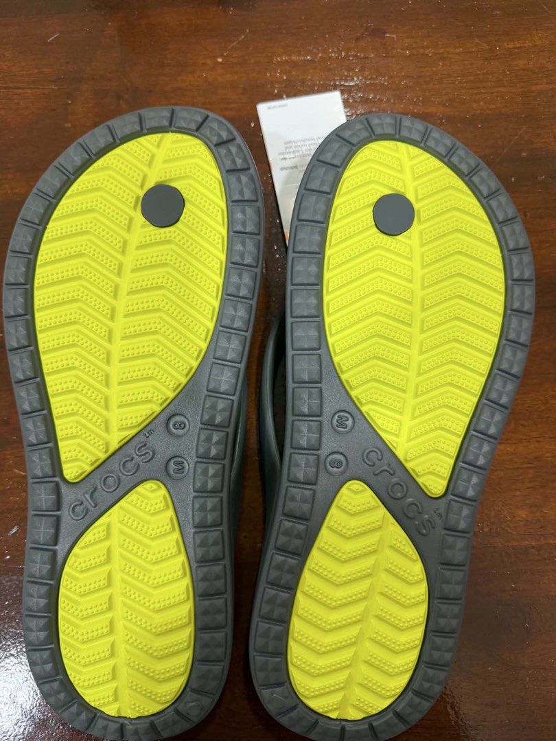 Crocs Flip-Flops Yellow Green and Grey (Category: Slippers & Slides) located in Makati City. Submitted by beguiling (Listing ID 1448774511, Image 2). Description: - Comfortable Crocs flip-flops - Bright yellow footbed with grey straps - Durable sole with excellent grip pattern - Ideal for casual outings and beach days - Easy slip-on design for convenience.
