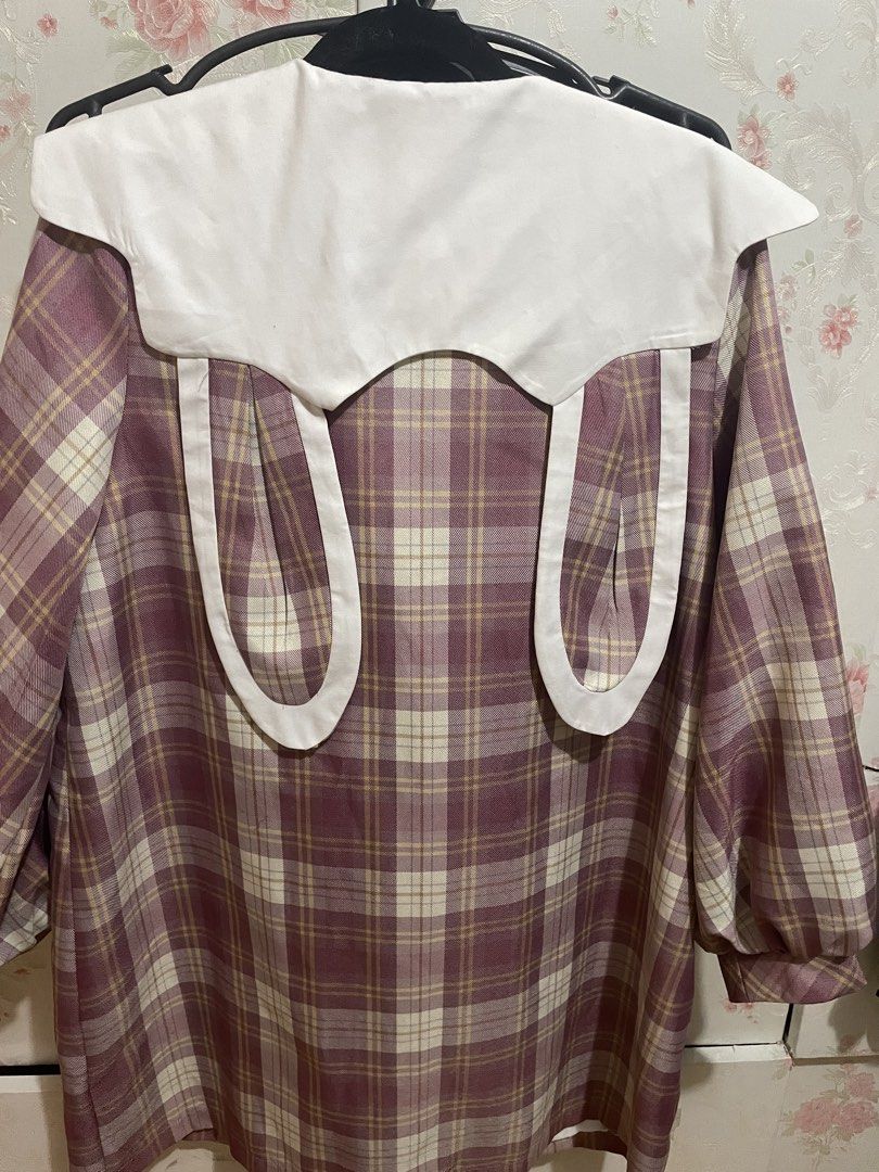 Cute Plaid Double-Breasted Coat with Bunny Collar (Category: Coats, Jackets and Outerwear) located in Paranaque City. Submitted by annchang0 (Listing ID 1446342318, Image 2). Description: - Adorable pink and white plaid coat - Features a large white collar with embroidered bunnies - Double-breasted with button closure - Functional front pockets -has bunny ears on the back!.