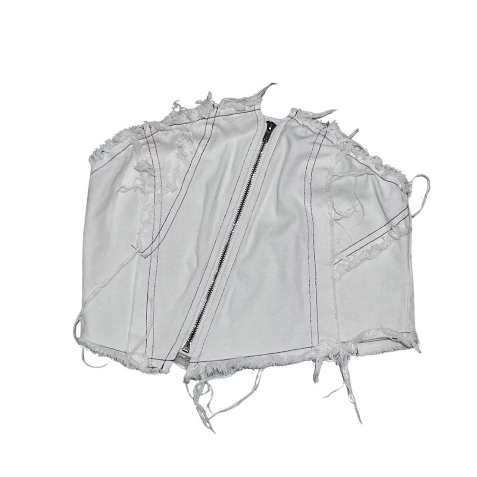 Distressed Denim Corset Top (Category: Others Tops) located in Iriga City. Submitted by _prelovedbymaris (Listing ID 1448821619, Image 1). Description: - Size: fits xs-small - Features: Raw frayed hem, distressed detailing, front zipper - Style: Edgy, deconstructed.