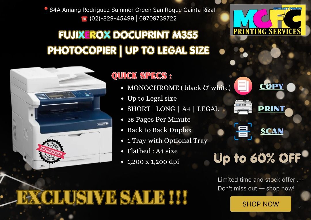 FUJIFILM and FUJIXEROX (Category: Printers, Scanners & Copiers) located in Caloocan City. Submitted by mcfc_angel (Listing ID 1448721423, Image 1). Description: 🖨️ Copy. Print. Scan. Save. MONOCHROME Get your Fuji Xerox photocopier today and enjoy huge discounts! 🔥 Up to 60% OFF – Limited Time Offer..
