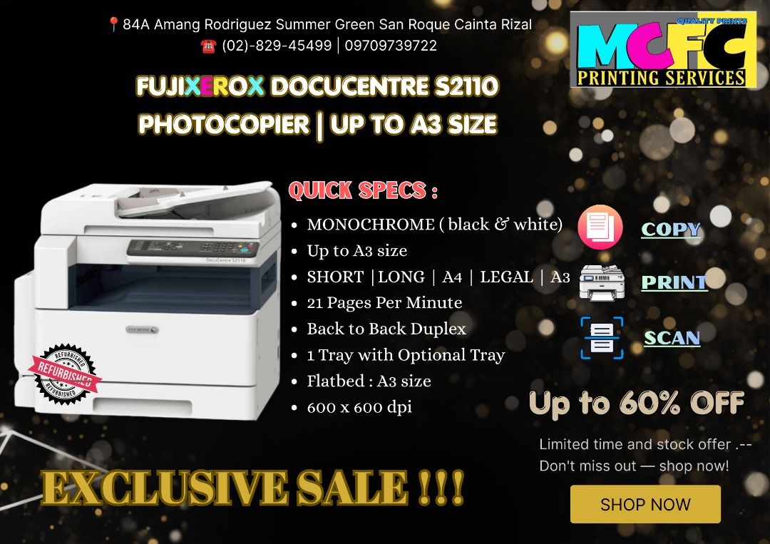 FUJIFILM and FUJIXEROX (Category: Printers, Scanners & Copiers) located in Caloocan City. Submitted by mcfc_angel (Listing ID 1448721423, Image 3). Description: 🖨️ Copy. Print. Scan. Save. MONOCHROME Get your Fuji Xerox photocopier today and enjoy huge discounts! 🔥 Up to 60% OFF – Limited Time Offer..