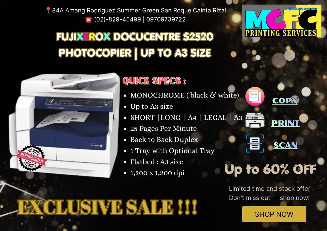 FUJIFILM and FUJIXEROX (Category: Printers, Scanners & Copiers) located in Caloocan City. Submitted by mcfc_angel (Listing ID 1448721423, Image 2). Description: 🖨️ Copy. Print. Scan. Save. MONOCHROME Get your Fuji Xerox photocopier today and enjoy huge discounts! 🔥 Up to 60% OFF – Limited Time Offer..
