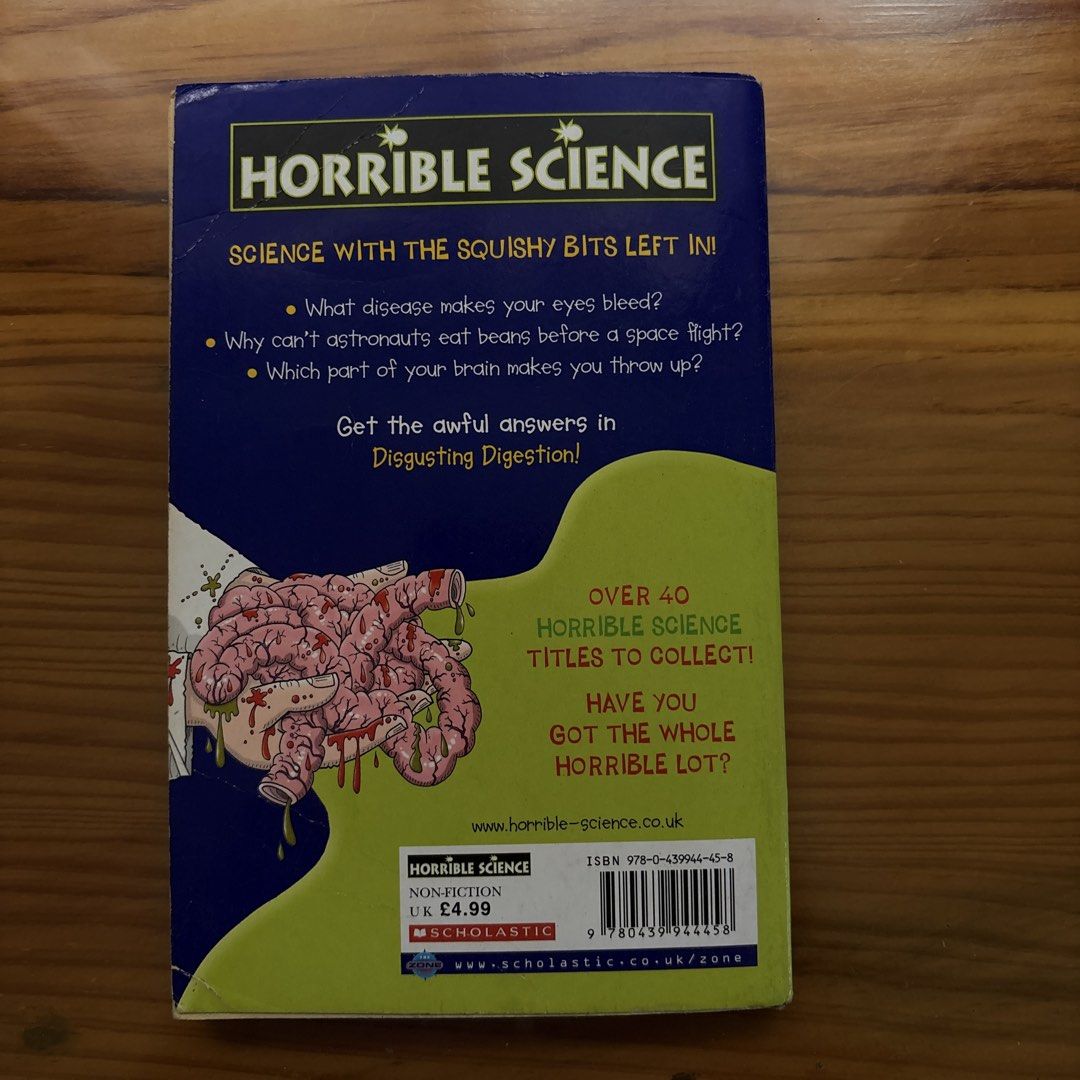 Horrible Science Disgusting Digestion Book by Nick Arnold (Category: Children's Books) located in Baguio. Submitted by erblush (Listing ID 1448785357, Image 3). Description: - Horrible Science book: Disgusting Digestion - Explore the squishy bits of digestion! - Collectible series with over 40 titles available - Perfect for curious minds interested in science.