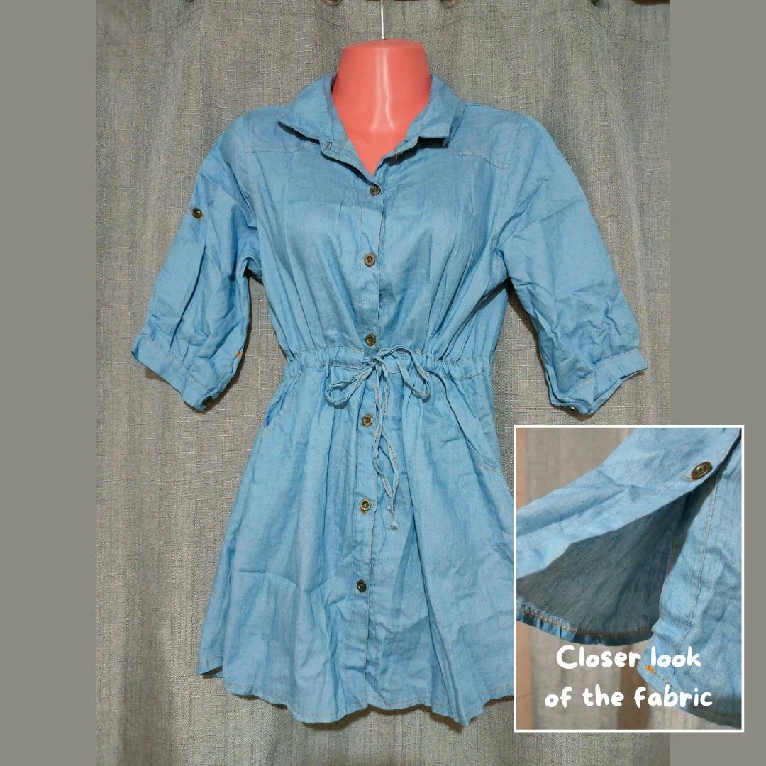 Light Blue Denim-Look Drawstring Shirt Dress (Category: Dresses) located in Marikina City. Submitted by styledandsassified (Listing ID 1448864311, Image 1). Description: Light Blue Chambray Mini Dress Details: Button-down closure, collared neck, adjustable drawstring waist, 3/4 sleeves with roll-up button tabs. Fabric: Lightweight, soft chambray (denim texture) 💳 MOP: GCash 📦 MOD: 🍊 app checkout.
