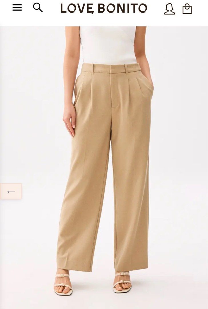 Love, Bonito Tailored Pants (sz 26) (Category: Other Bottoms) located in Makati City. Submitted by ma_rose (Listing ID 1448835609, Image 1). Description: Decluttering! Love Bonito tailored pants Waist inches: 26 (best fits 26-27 waist) Perfect for work and for casual wear Used 2x only, very good condition ₱450 + SF Loc: Marikina - Beige wide leg pants from Love, Bonito - High-waisted with belt loops - Tailored look with front pleats - Convenient 