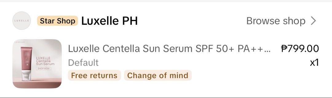 Luxelle Centella Sun Serum SPF 50+ PA+++ (Category: Face Care) located in Makati City. Submitted by starsiiii (Listing ID 1448705462, Image 3). Description: - Luxelle Centella Sun Serum - SPF 50+ PA+++ - Lightweight & Non-Greasy Formula - Hydrates and Smoothens Skin - UVA/UVB Protection - Wrinkle Improvement - 50ml / 1.69 fl.oz - Apply 15 minutes before sun exposure ✅ used for 3 days ✅ bought from official store.