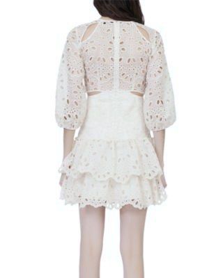 Maje White Eyelet Cut-out Ruffle Layer Mini Dress (Category: Dresses) located in Cebu City. Submitted by stylingtrends.coll (Listing ID 1448713385, Image 3). Description: - White eyelet mini dress - Features cut-outs at the waist and shoulders - Puff sleeves with elastic cuffs - Tiered ruffle skirt with scalloped hem - Back zipper closure Size: Small.