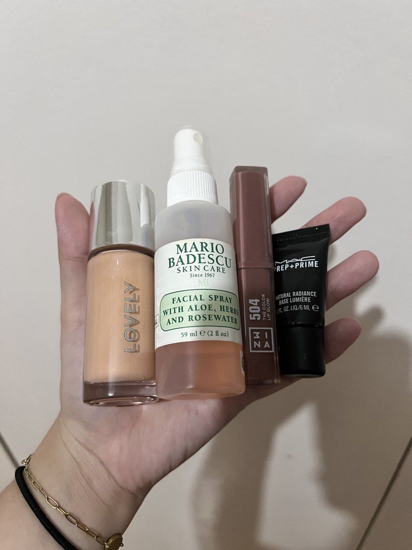 Makeup Bundle (Category: Makeup) located in San Pedro. Submitted by cc_keso (Listing ID 1448699422, Image 1). Description: - Lovely Cosmetics Skin Illuminator - 30-40% - Mario Badescu Facial Spray with Aloe, Herbs and Rosewater 80% - 3INA The Color Lip Color 504 - 70% - MAC Prep + Prime Natural Radiance Base Lumière - never used, got it as a freebie.