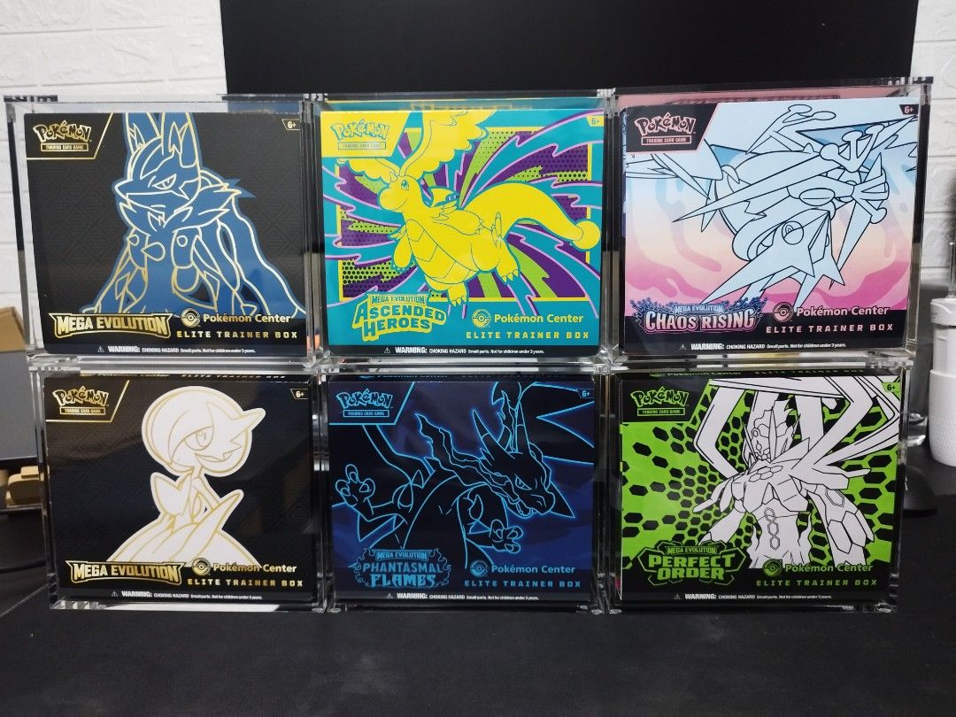 Mega Evolution (Category: Card Boxes & Cases) located in Singapore. Submitted by bargain.sg (Listing ID 1448711470, Image 1). Description: Mega Evolution Pokemon Center ETBs ALL UNSHRINKED Perfect Order- $130 Chaos Rising- $160 Gardevoir - $260 Lucario & $280 Phantasmal Flames- $300 Ascended Heroes - $360 Top up $15 for etb acrylic/each.