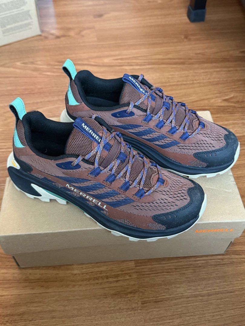 Merrell Moab Speed 2 Hiking Shoes (Category: Sneakers) located in Makati City. Submitted by thhird (Listing ID 1448764562, Image 3). Description: - Merrell trail hiking shoes - Color: Brown with blue accents and laces - Features a Vibram sole for superior grip - Comes with original box, wore once.