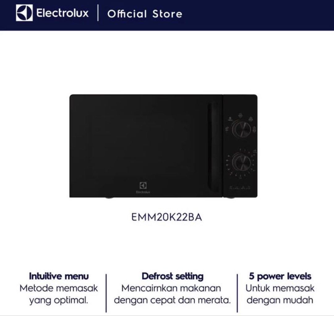 Microwave Electrolux (Kategori: Kitchen & Appliances) berada di Jakarta Barat. Dikirim oleh kucingmewwah (ID iklan 1448779721, Gambar 3). Deskripsi: Barang brand new, belum pernah digunakan. Electrolux Microwave 20L Microwave Solo 6-in-1: Quick Cook, Reheat, Simmer, Defrost, Melting, Weight Defrost Timer Fast Heating, High power Free Turntable rack Flexible Power : Heating Start 800 W EMM20K22BA Spesifikasi model EMM20K22BA * Kapasitas ruang: 20 