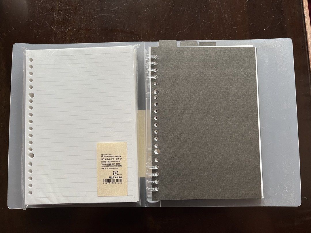 MUJI Binder with Lined Refill Paper 200 Sheets (Category: Stationery & School Supplies) located in Manila. Submitted by shnbgys (Listing ID 1448706232, Image 1). Description: - MUJI Clear Plastic Binder with Tabs - MUJI A5 Lined Refill Paper (20 holes) - Ideal for organizing notes and documents - Made in Indonesia - Used once.