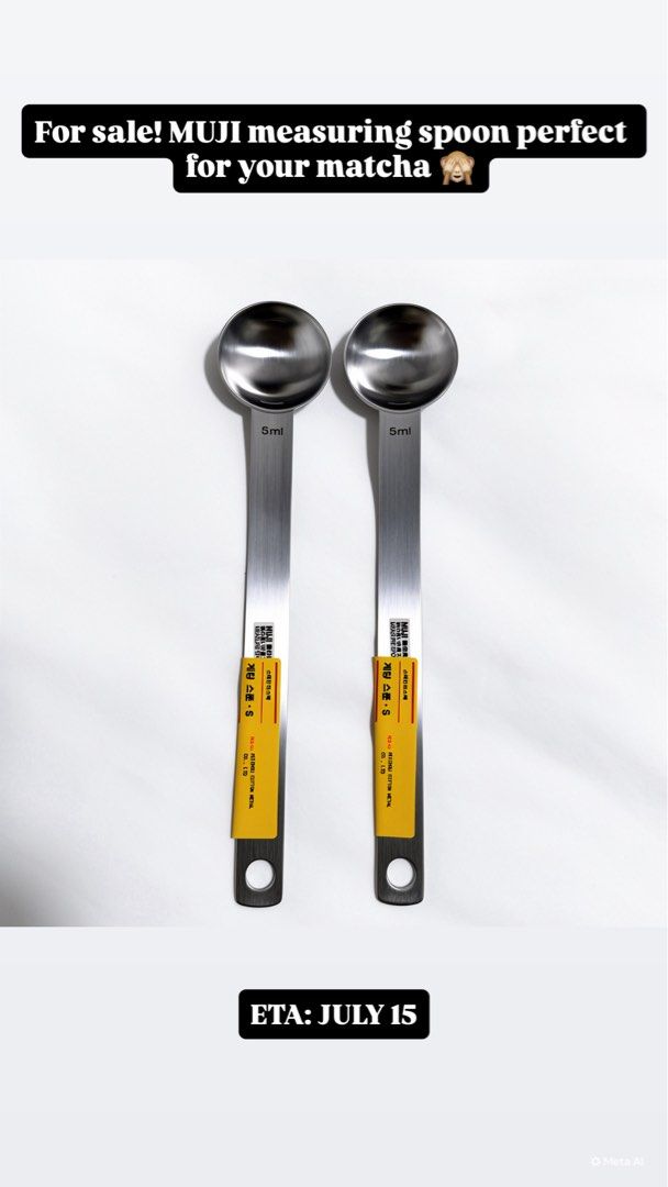MUJI Measuring Spoon (perfect for matcha) (Category: Bakeware) located in Las Pinas. Submitted by lovedbydemn (Listing ID 1448701712, Image 1). Description: - MUJI measuring spoons - Each spoon is 5ml - Ideal for measuring matcha and other ingredients - Made of durable stainless steel - Estimated arrival: July 15 50% DP BPI or Gcash only.