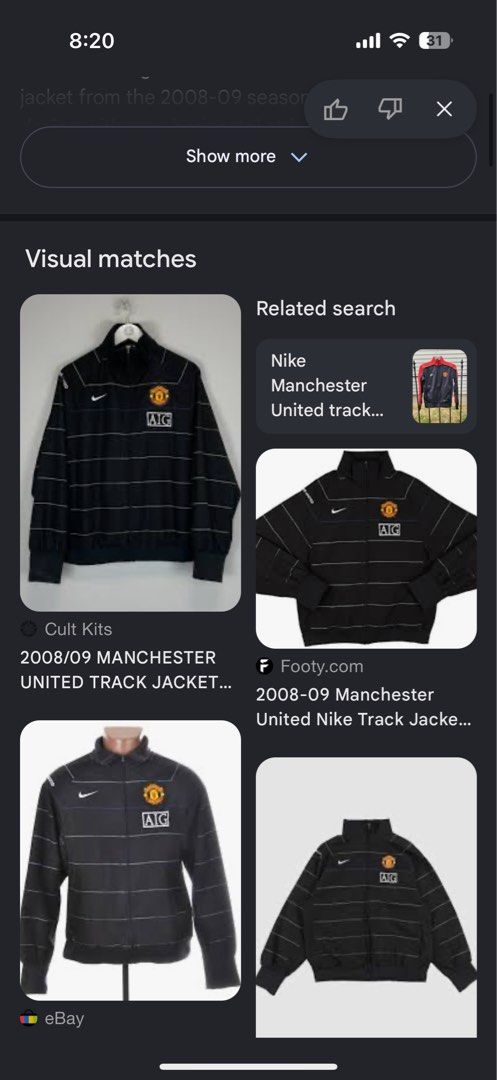 Nike Manchester United 2008-09 Track Jacket (Category: Coats, Jackets and Outerwear) located in Manila. Submitted by wiseearth.075b2f (Listing ID 1448699322, Image 2). Description: - Authentic Nike Manchester United track jacket -₱1765 -Dimension 28 legnth 27 width - 2008-09 season - Color: Black with thin horizontal stripes - Features: Manchester United crest, AIG sponsor logo, Nike swoosh - Condition: Great, check photos for details - Ideal for