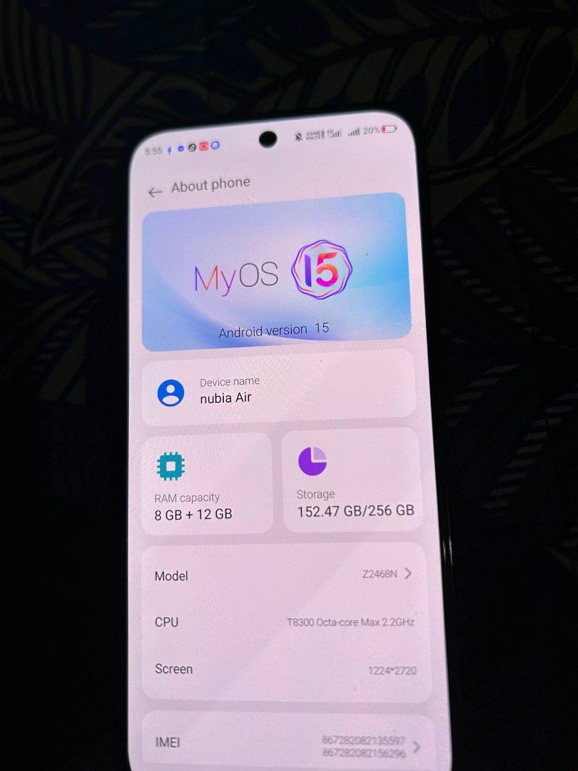 Nubia Air 5G (Category: Android Others) located in Manila. Submitted by genusbayer22376 (Listing ID 1448722719, Image 2). Description: Model: Nubia Air 5G Network: 5G Storage: 256GB RAM: 8+12GB Display: 6.7-inch AMOLED, 120Hz refresh rate Processor: T8300 Octa-core Max 2.2GHz Rear Camera: 50MP AI Dual Camera Front Camera: 16MP Selfie Camera Battery: 5,000mAh Charging: 33W Fast Charging Operating System: Android Security: In-display Fingerprint Sc