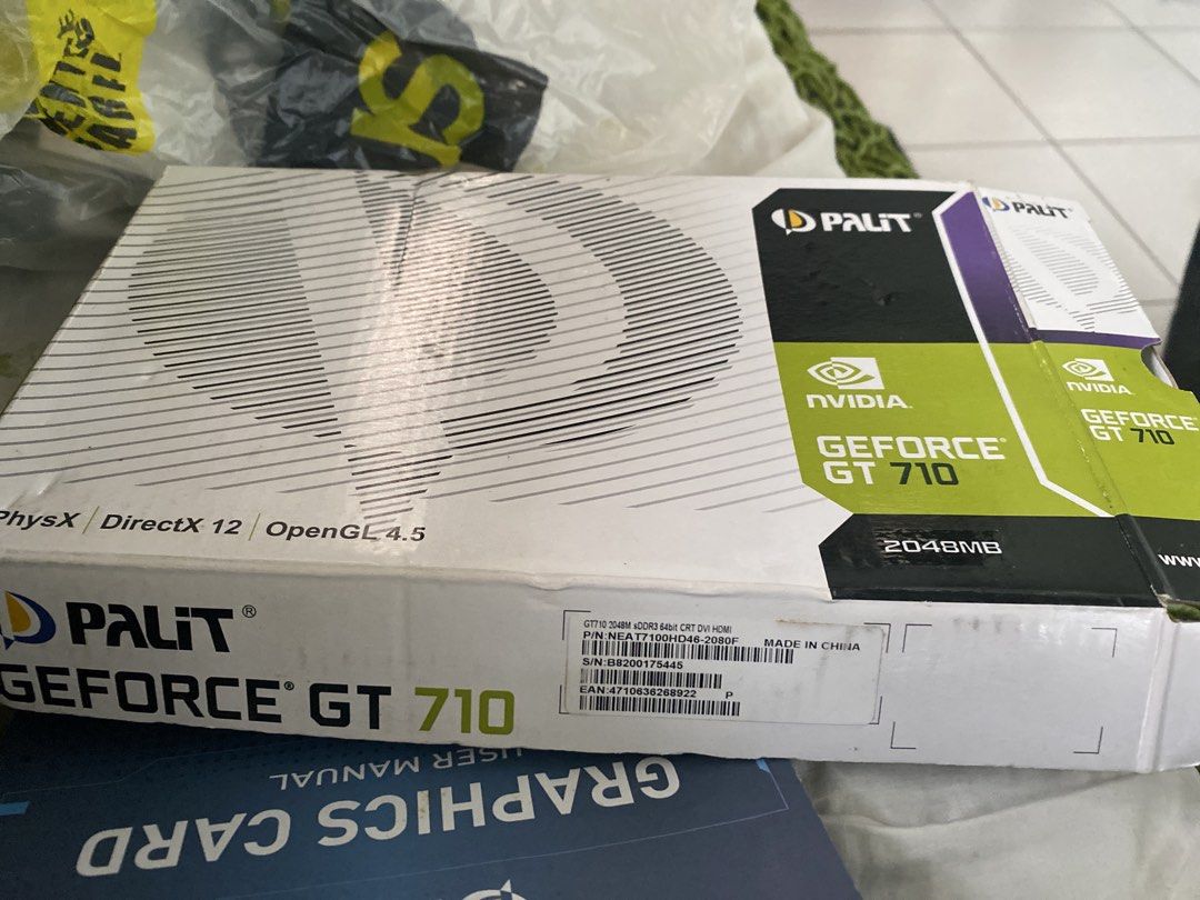 Palit NVIDIA GeForce GT 710 2048MB Graphics Card (Category: Computer Parts) located in Pasig City. Submitted by ayi017 (Listing ID 1448724122, Image 3). Description: - Palit NVIDIA GeForce GT 710 Graphics Card - 2048MB Memory - Supports DirectX 12 - Supports OpenGL 4.5 - Includes HDMI, DVI, and VGA Ports - Ideal for upgrading your PC's display capabilities - Please check photos for exact port configuration Opened but never used With box and manua