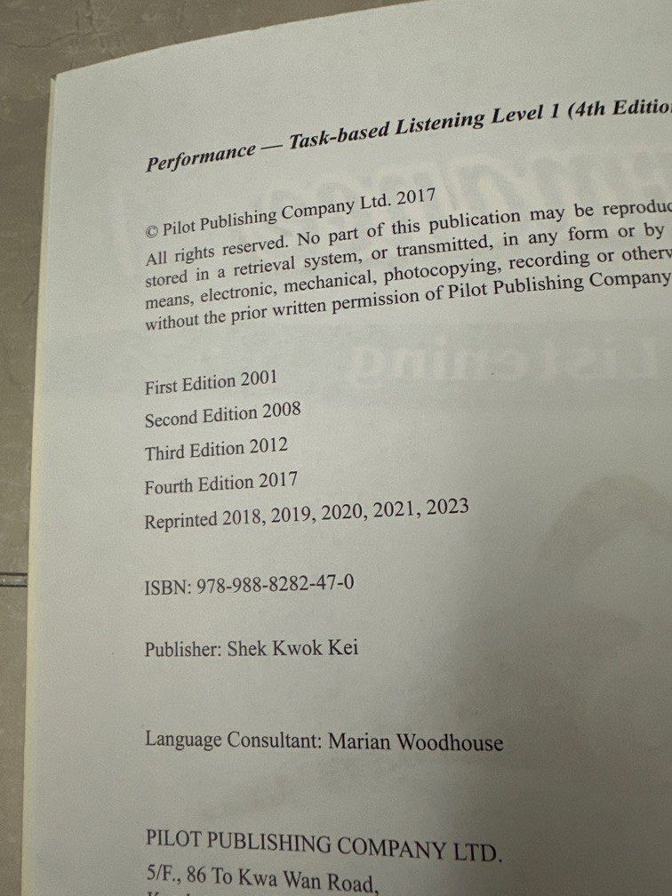 Performance Task-based Listening （分類：教科書）位於 Hong Kong。 由 yuki410 提交（商品編號 1448866403，圖片 2）。簡介： Performance 1 (4th Edition)全新 $60 Performance Plus (5th Edition)少量使用$50 兩本共$100。