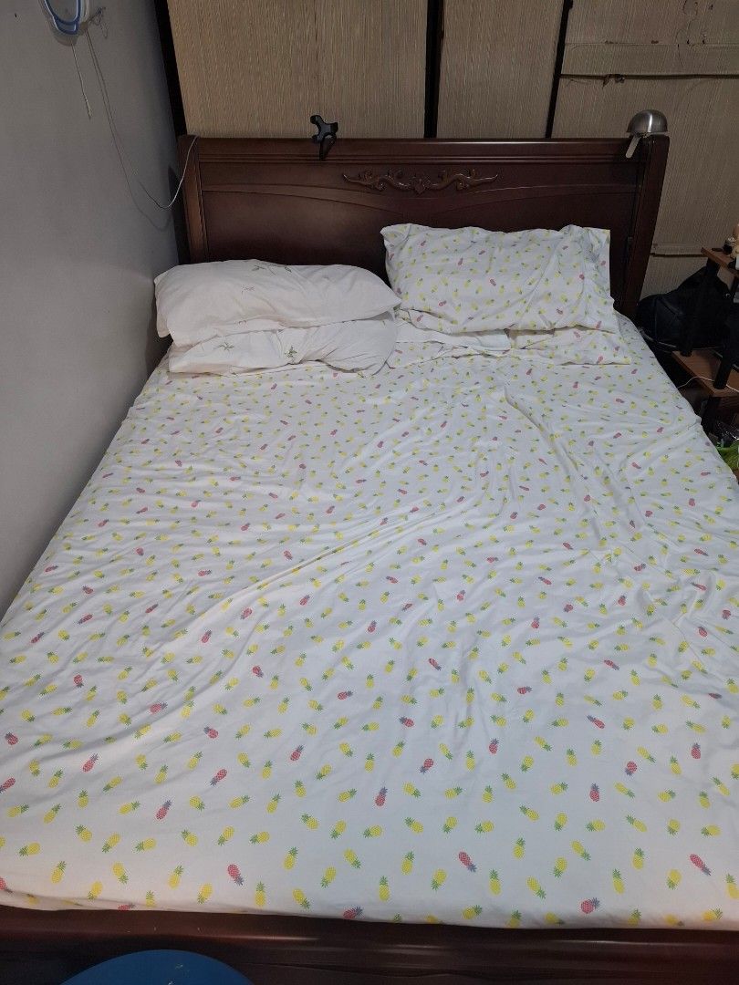 Queen size wooden bed frame with mattress (Category: Bed Frames & Mattresses) located in Pasay City. Submitted by room_of_requirememt (Listing ID 1448799566, Image 3). Description: Queen size wooden bed frame with mattress (7inch) -good condition -first owner .