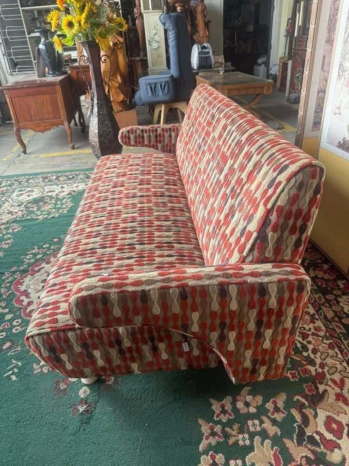 Retro Patterned 3 seater Sofa Couch (Category: Sofas) located in Angeles City. Submitted by annallanto (Listing ID 1448843656, Image 3). Description: - Unique patterned sofa, comfortable for two. - Retro vibe fabric with red, beige, and black details. - Stylish white legs. - Ideal for living rooms or study areas. - Perfect for vintage-themed interiors..