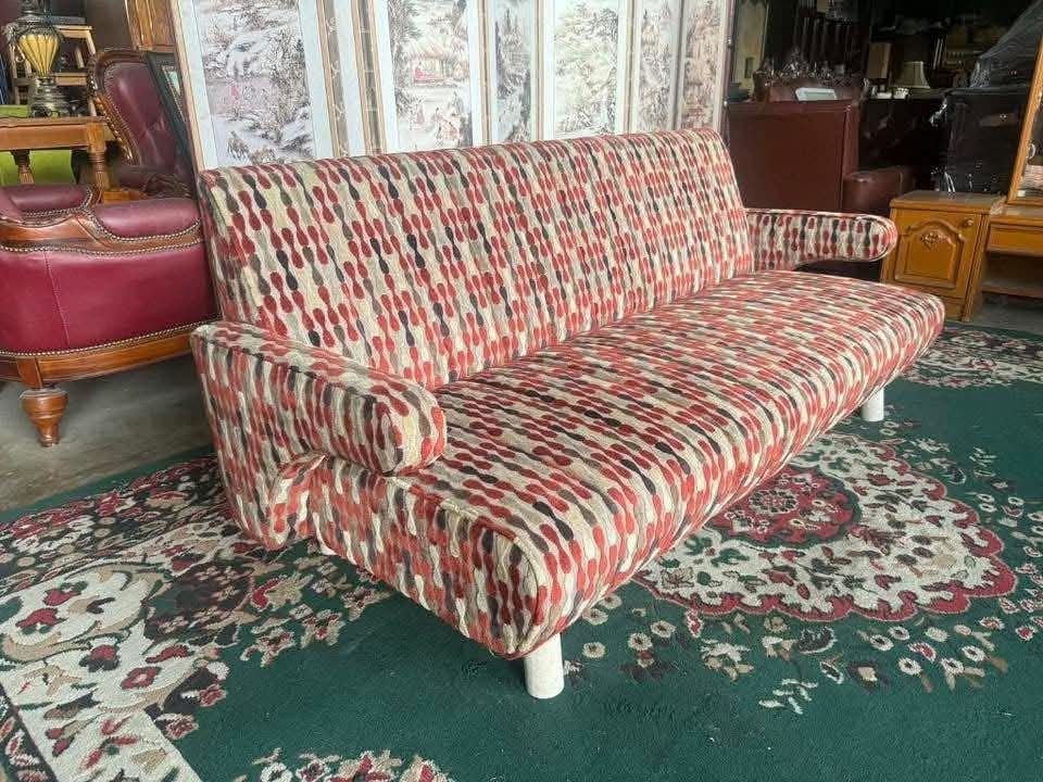 Retro Patterned 3 seater Sofa Couch (Category: Sofas) located in Angeles City. Submitted by annallanto (Listing ID 1448843656, Image 2). Description: - Unique patterned sofa, comfortable for two. - Retro vibe fabric with red, beige, and black details. - Stylish white legs. - Ideal for living rooms or study areas. - Perfect for vintage-themed interiors..
