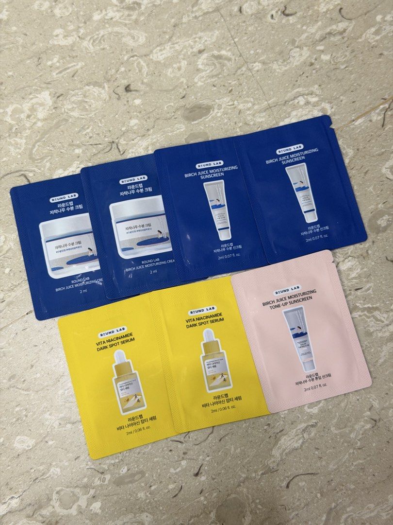 Round Lab sample sized items (Category: Face Care) located in Singapore. Submitted by youremyfantasea (Listing ID 1448883530, Image 1). Description: All for $5 mailed 2 x birch juice moisturising cream 2 x birch juice moisturising sunscreen 2 x vita niacinamide dark spot serum 1 x birch juice moisturising tone up sunscreen mix of expiry dates, earliest is sep 2027 .